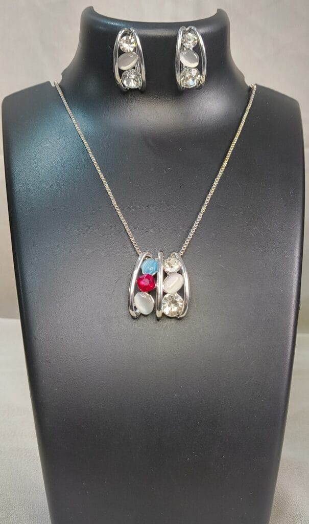 Silver plated Multi color stone AD studded chain pendant earrings set