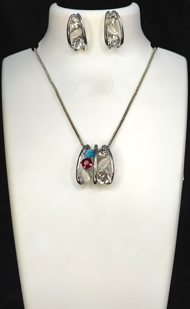 Silver plated Multi color stone AD studded chain pendant earrings set