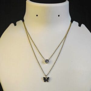 Gold plated 2 Layer AD Chain Enamel Butterfly Antique Neck Chain Black