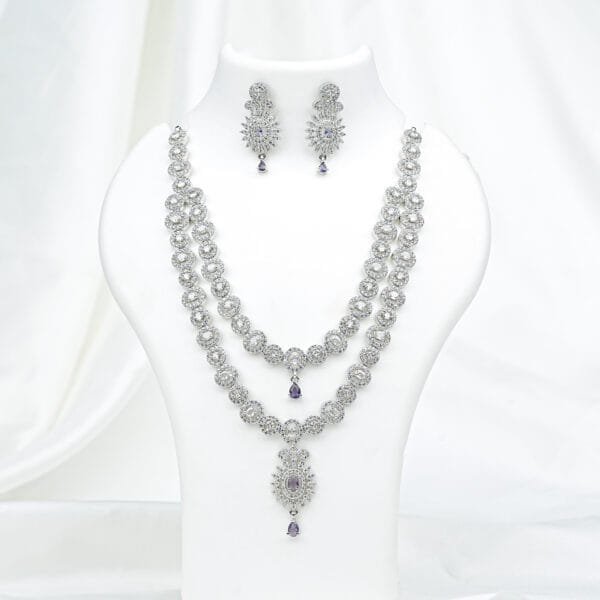 Rhodium Plated AD Studded Purple Double Layer Necklace Earring Set