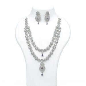 Rhodium Plated AD Studded Purple Double Layer Necklace Earring Set