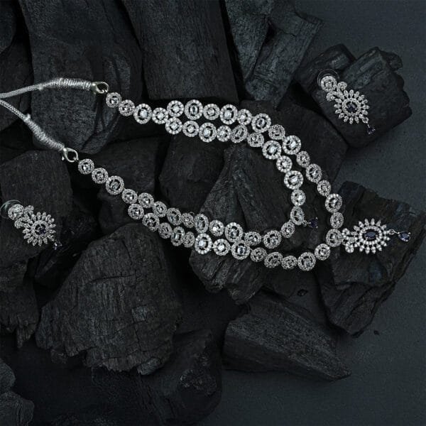 Rhodium Plated AD Studded Purple Double Layer Necklace Earring Set