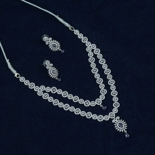 Rhodium Plated AD Studded Purple Double Layer Necklace Earring Set - Image 4