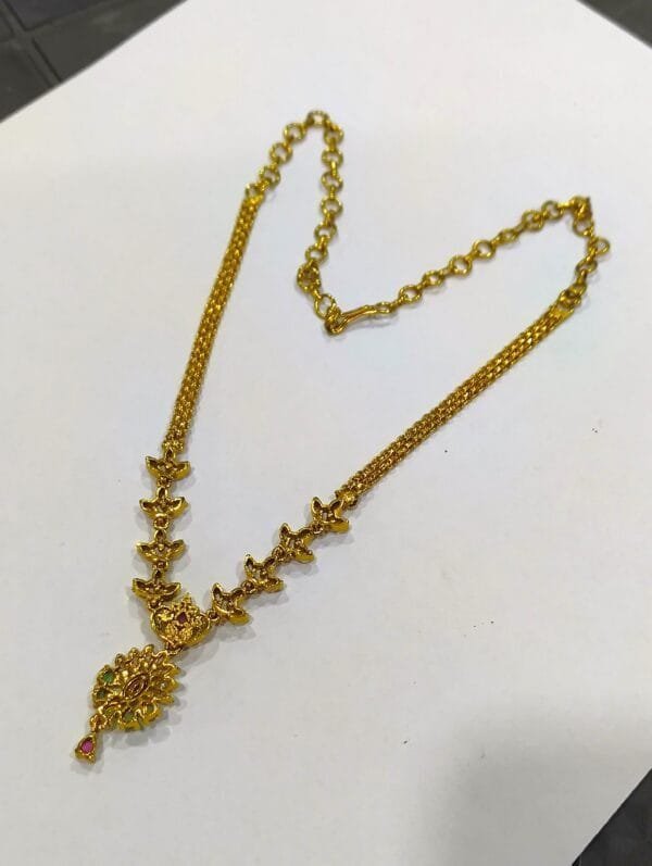 1 Gram Gold Plated Ruby Emerald AD Studded Mesh Chain Necklace - Image 8