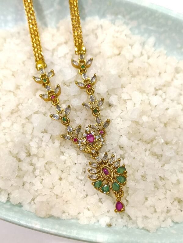 1 Gram Gold Plated Ruby Emerald AD Studded Mesh Chain Necklace