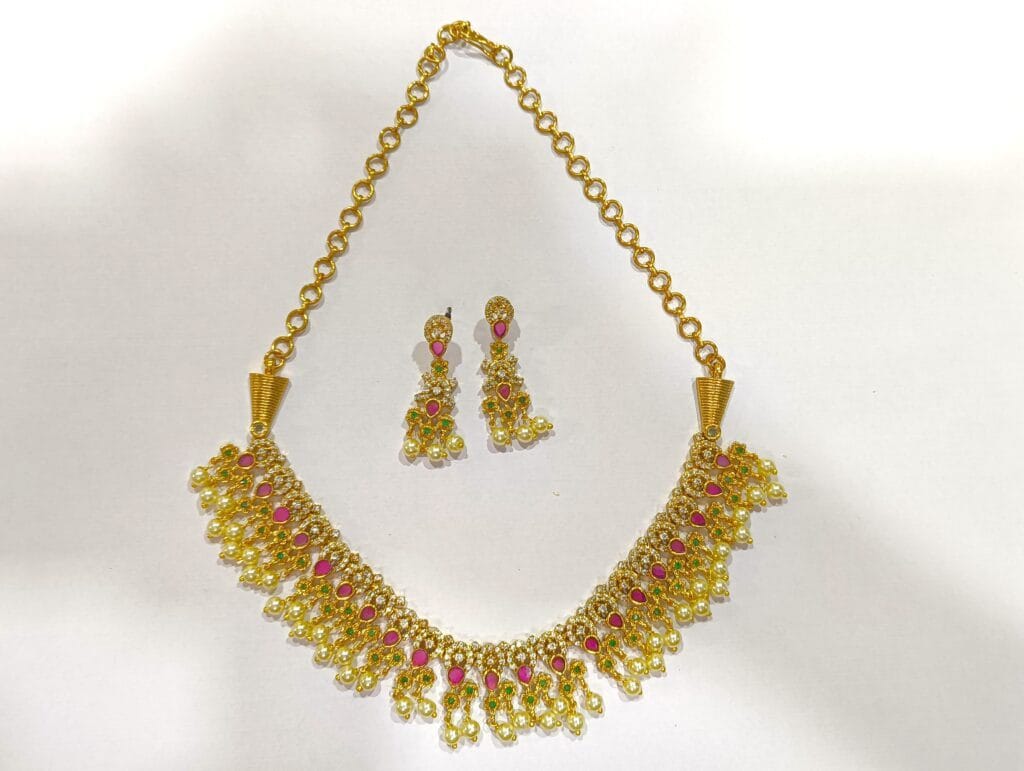 1Gram Gold Plated Ruby Emerald Faux Pearls Necklace Earrings