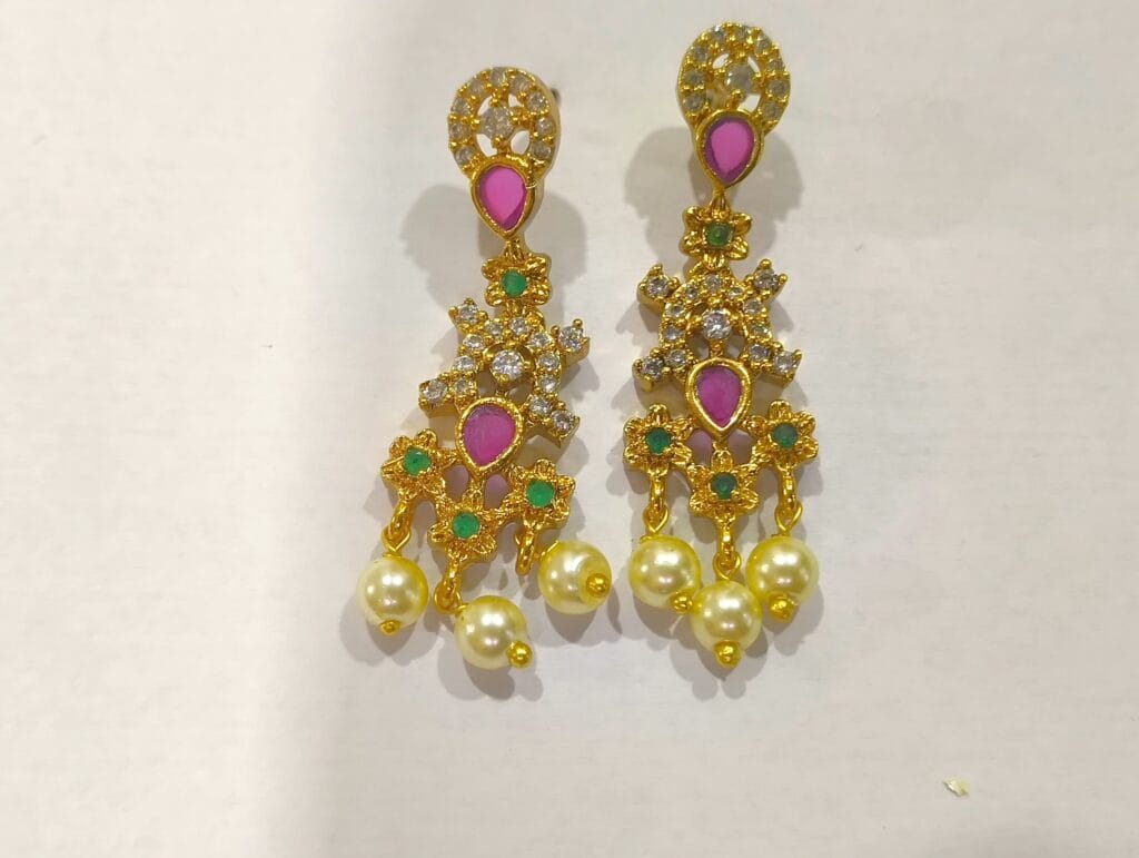 1Gram Gold Plated Ruby Emerald Faux Pearls Necklace Earrings