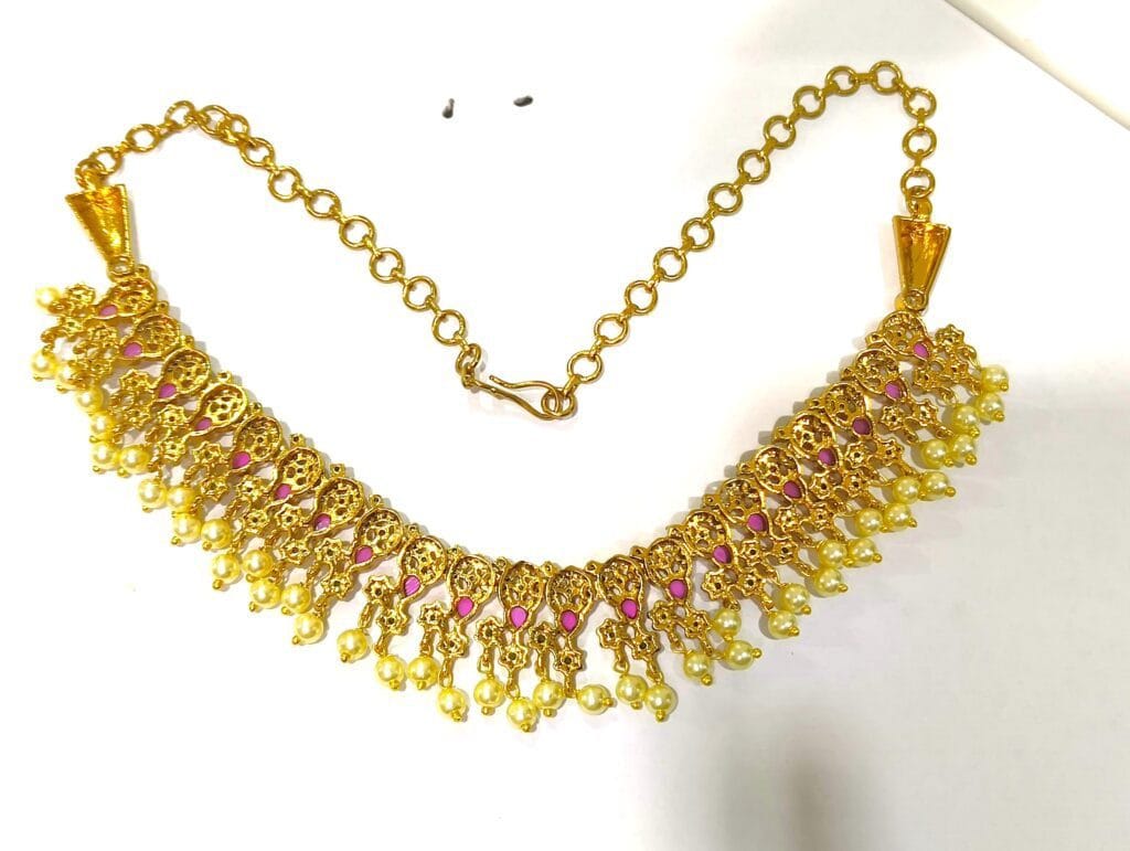 1Gram Gold Plated Ruby Emerald Faux Pearls Necklace Earrings