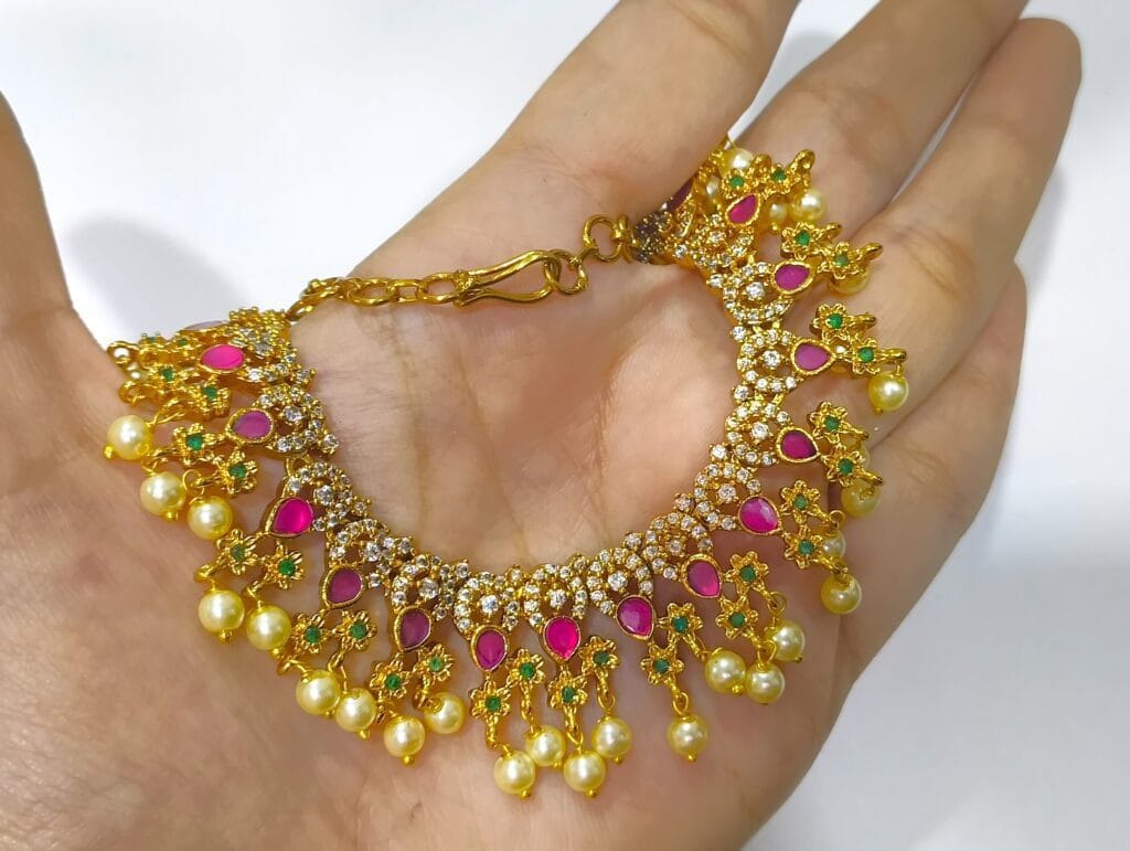 1Gram Gold Plated Ruby Emerald Faux Pearls Necklace Earrings