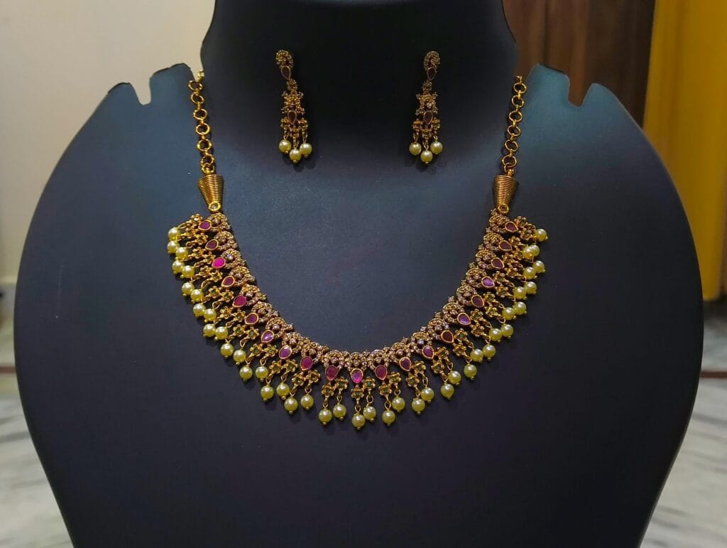 1Gram Gold Plated Ruby Emerald Faux Pearls Necklace Earrings