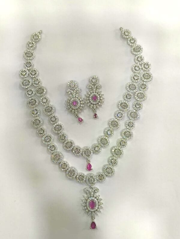 Rhodium Plated AD Studded Ruby Double Layer Necklace Earring Set - Image 7