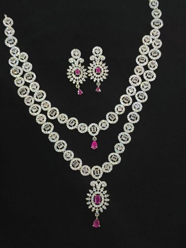 Rhodium Plated AD Studded Ruby Double Layer Necklace Earring Set