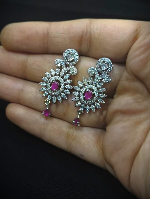Rhodium Plated AD Studded Ruby Double Layer Necklace Earring Set