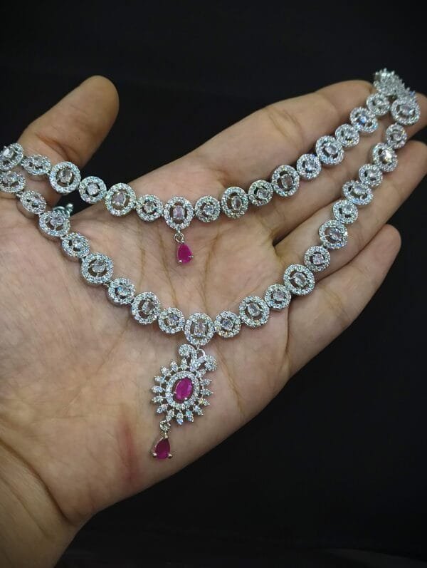 Rhodium Plated AD Studded Ruby Double Layer Necklace Earring Set