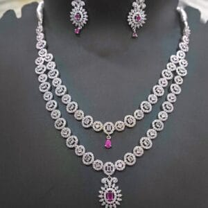 Rhodium Plated AD Studded Ruby Double Layer Necklace Earring Set