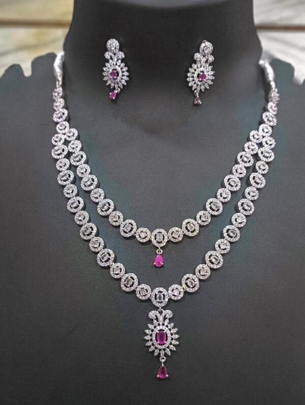 Rhodium Plated AD Studded Ruby Double Layer Necklace Earring Set