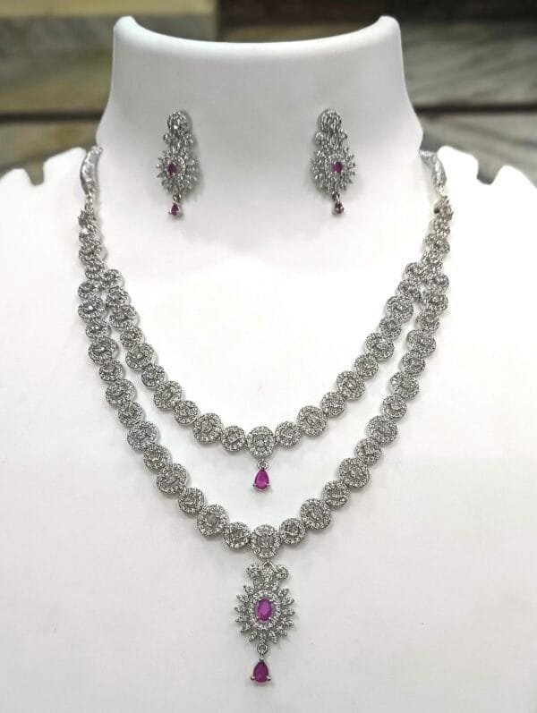 Rhodium Plated AD Studded Ruby Double Layer Necklace Earring Set - Image 5