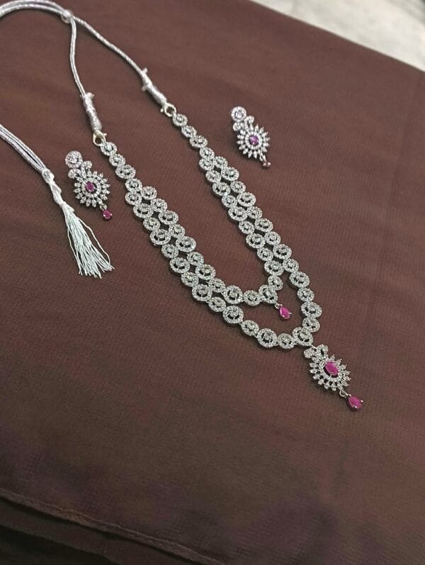 Rhodium Plated AD Studded Ruby Double Layer Necklace Earring Set - Image 9