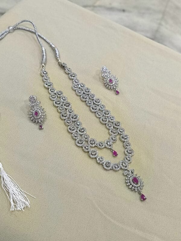 Rhodium Plated AD Studded Ruby Double Layer Necklace Earring Set