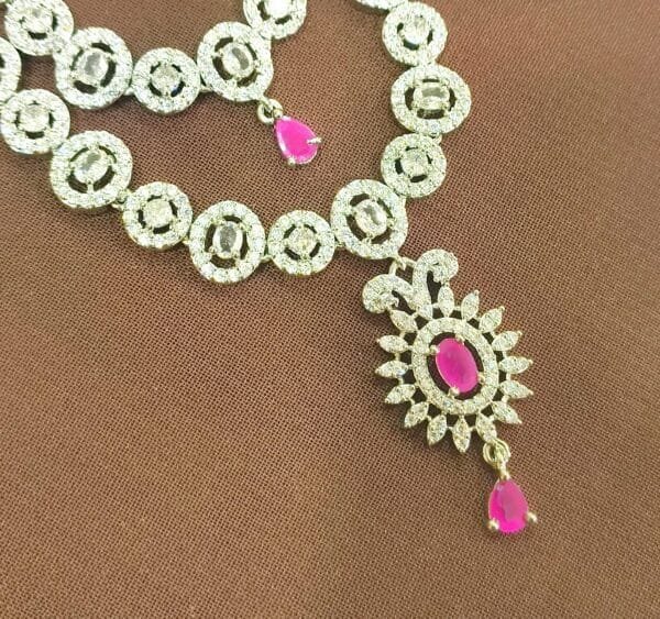 Rhodium Plated AD Studded Ruby Double Layer Necklace Earring Set