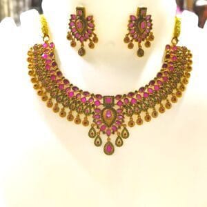 1Gram Gold Plated Designer Ruby Emeralds Studded Necklace Earrings Set