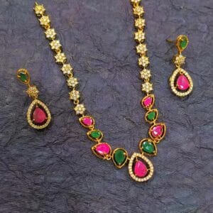 1 Gram Gold Plated Designer Ruby Emeralds AD Studded Necklace Earrings Set