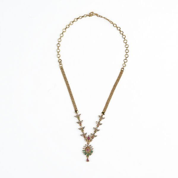 1 Gram Gold Plated Ruby Emerald AD Studded Mesh Chain Necklace - Image 10