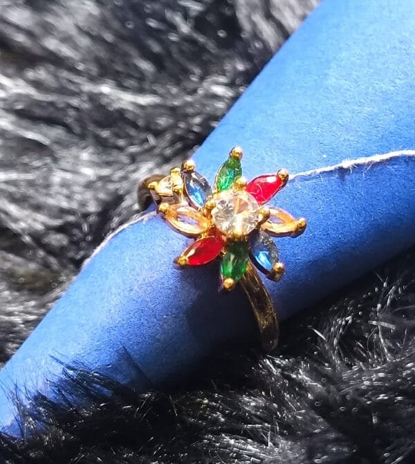 Gold Plated Adjustable Finger Ring – Multicolor Stone Floral Design - Image 2