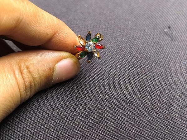 Gold Plated Adjustable Finger Ring – Multicolor Stone Floral Design