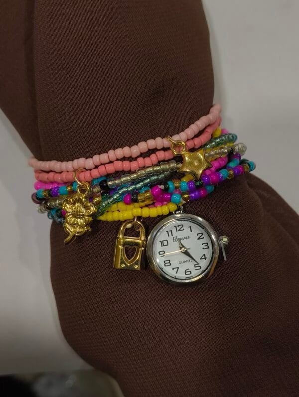 Stretchable Charm Bracelet Watch – Multi-Layer Beaded Design with Cute Charms