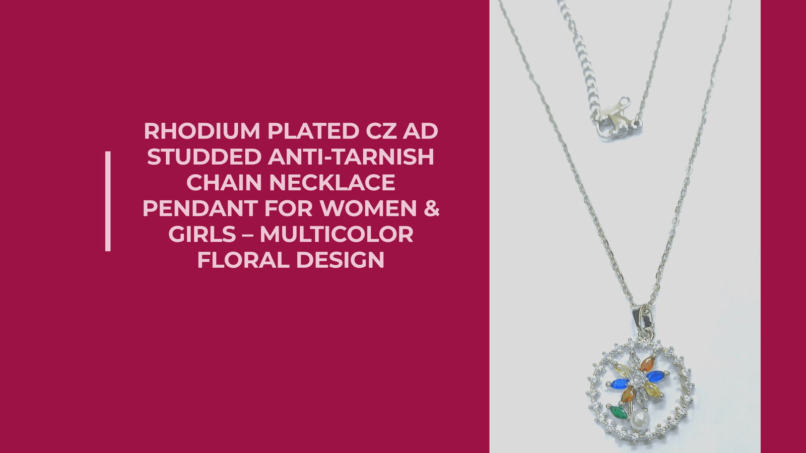 Rhodium Plated CZ AD Studded Anti-Tarnish Chain Necklace Pendant for Women & Girls – Multicolor Floral Design