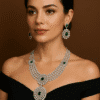 Rhodium Plated CZ Emerald Studded Diamond Necklace Set with Earrings – Bridal & Party Wear Jewelry