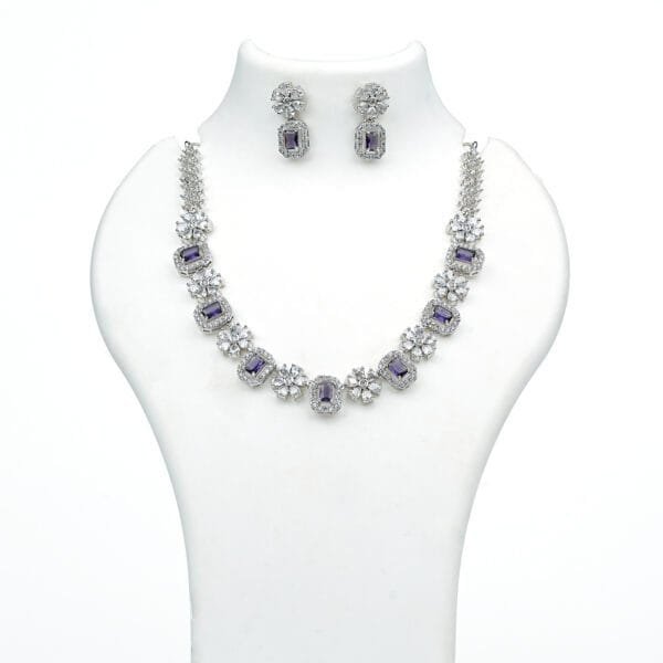 Rhodium-Plated American Diamond Necklace Set with Purple Stones