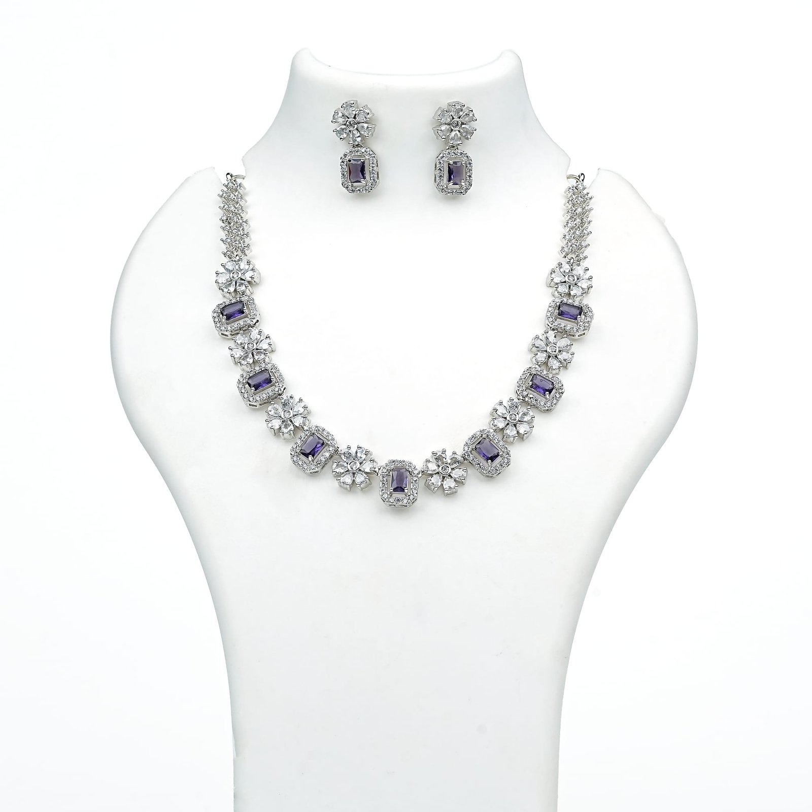 Rhodium-Plated American Diamond Necklace Set with Purple Stones