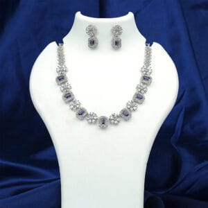 Rhodium-Plated American Diamond Necklace Set with Purple Stones