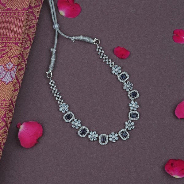 Rhodium-Plated American Diamond Necklace Set with Purple Stones