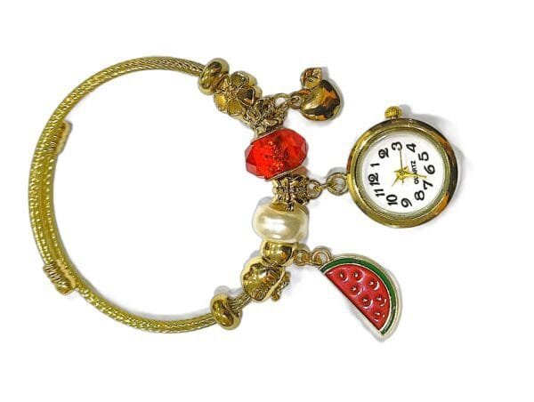 Elegant Gold-Tone Charm Bracelet Watch with Colorful Beads & Cute Charms – Stylish Gift for Girls & Women