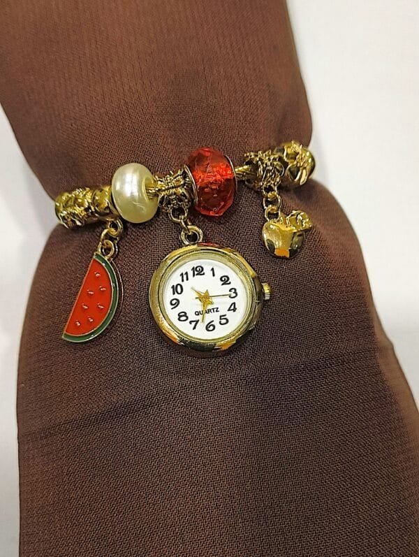 Elegant Gold-Tone Charm Bracelet Watch with Colorful Beads & Cute Charms – Stylish Gift for Girls & Women