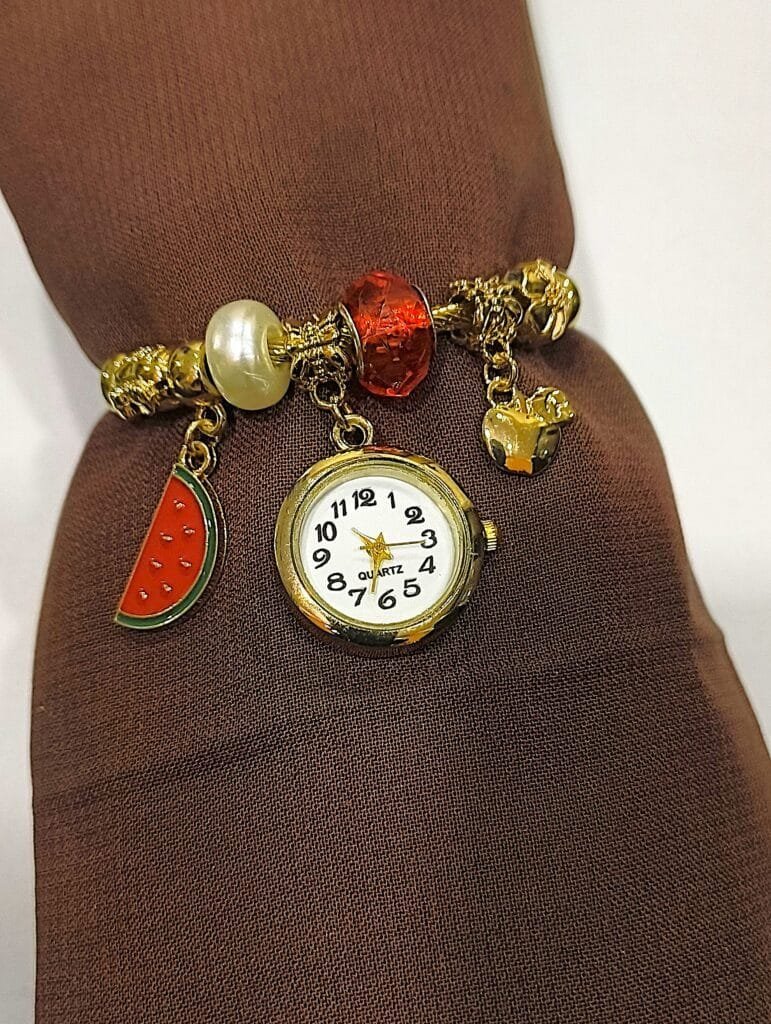 Elegant Gold-Tone Charm Bracelet Watch with Colorful Beads & Cute Charms – Stylish Gift for Girls & Women