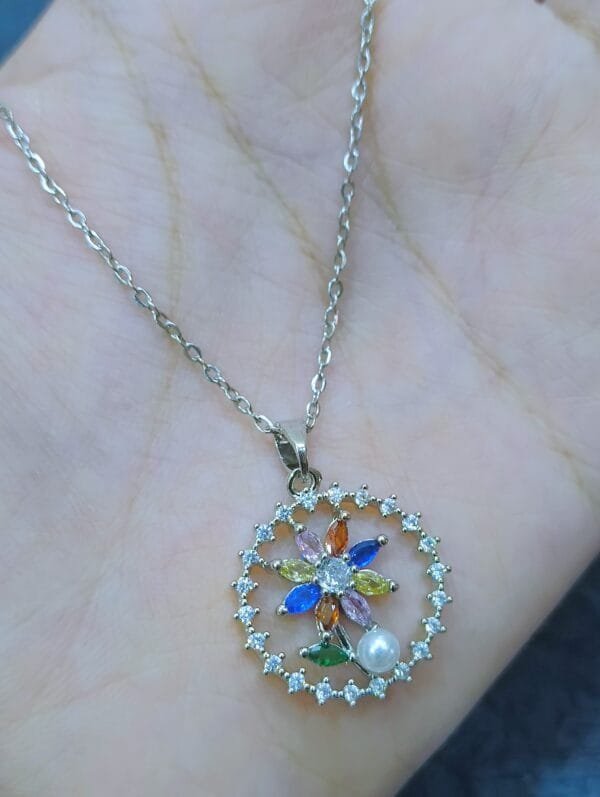 Rhodium Plated CZ AD Studded Anti-Tarnish Chain Necklace Pendant for Women & Girls – Multicolor Floral Design