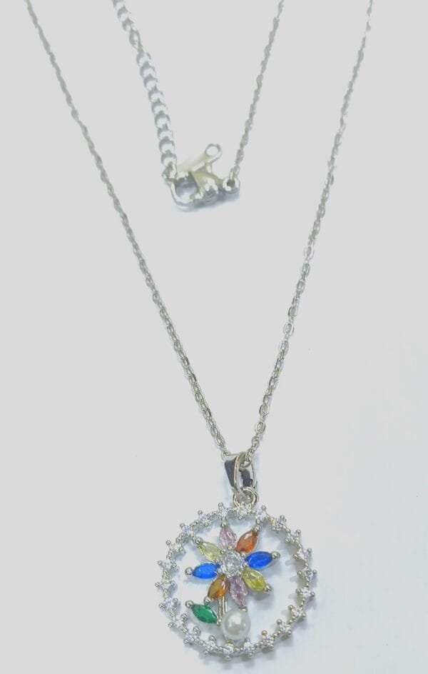 Rhodium Plated CZ AD Studded Anti-Tarnish Chain Necklace Pendant for Women & Girls – Multicolor Floral Design