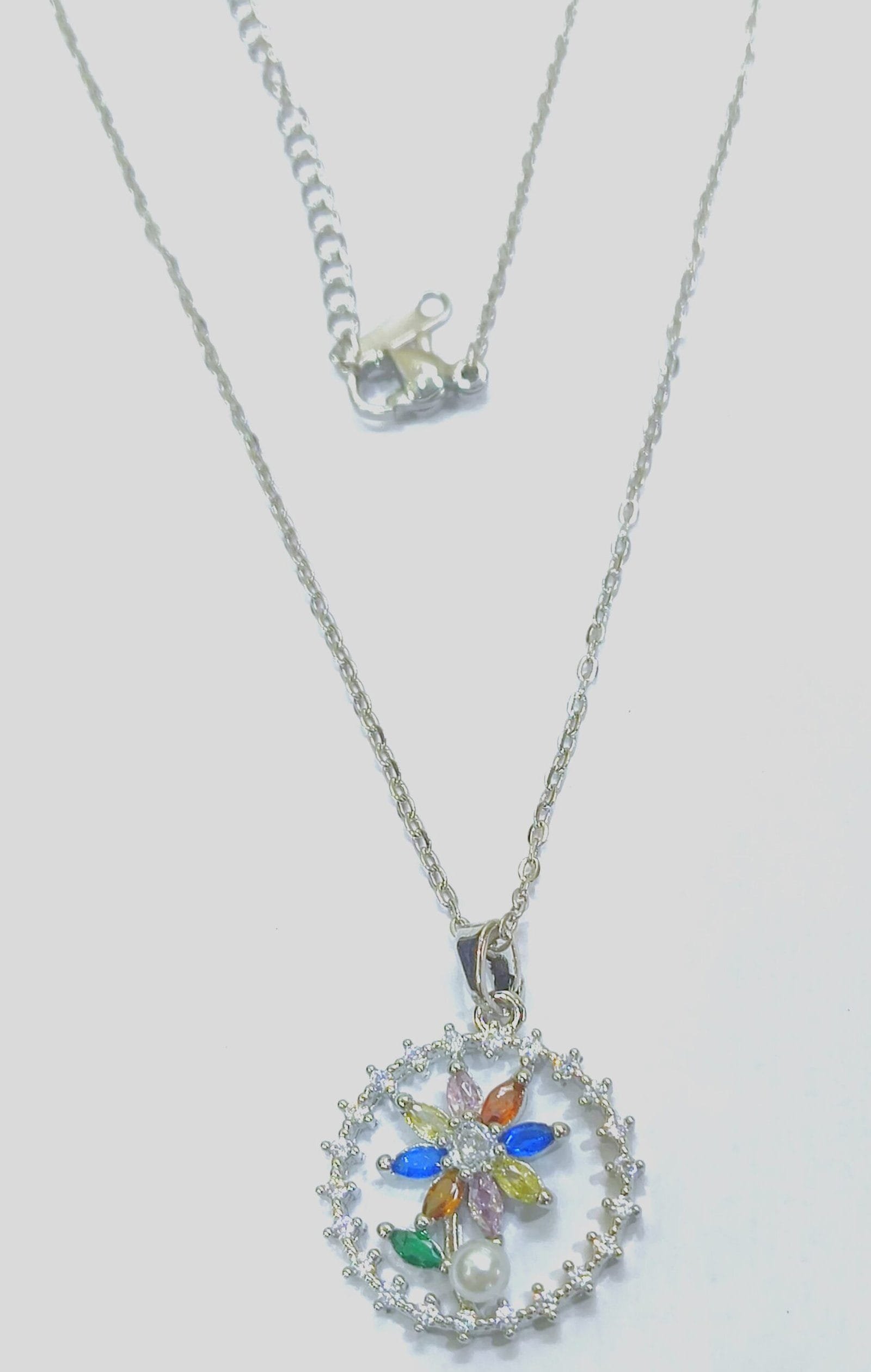 Rhodium Plated CZ AD Studded Anti-Tarnish Chain Necklace Pendant for Women & Girls – Multicolor Floral Design
