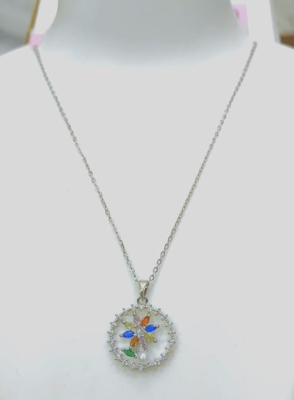 Rhodium Plated CZ AD Studded Anti-Tarnish Chain Necklace Pendant for Women & Girls – Multicolor Floral Design
