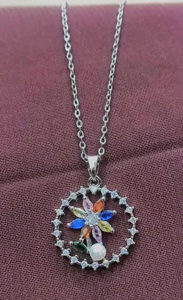 Rhodium Plated CZ AD Studded Anti-Tarnish Chain Necklace Pendant for Women & Girls – Multicolor Floral Design