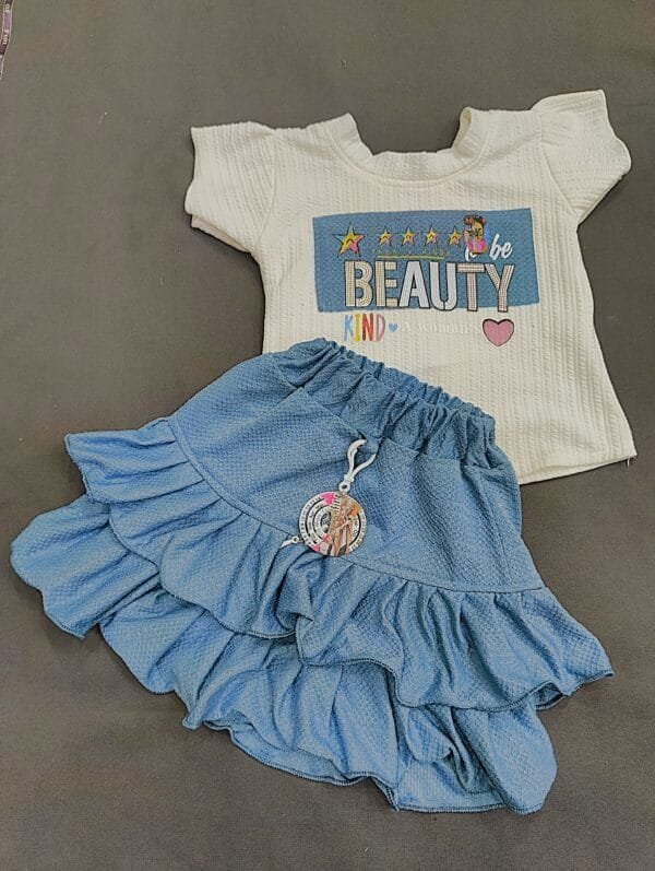 Stylish Baby Girl Skirt and T-Shirt Set – Ruffle Denim Skirt & Printed Top for Girls (3 to 6 Months)