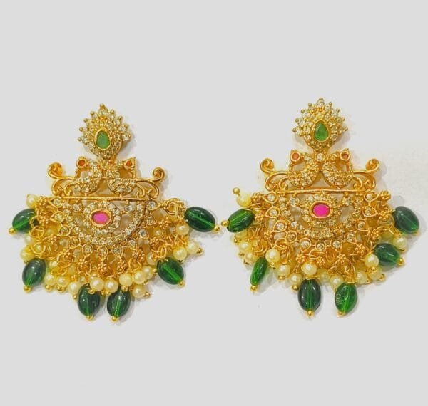 Traditional Gold Plated Ethnic Earrings with Green Beads and Pearls