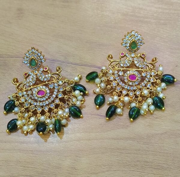 Traditional Gold Plated Ethnic Earrings with Green Beads and Pearls