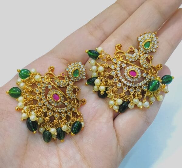 Traditional Gold Plated Ethnic Earrings with Green Beads and Pearls