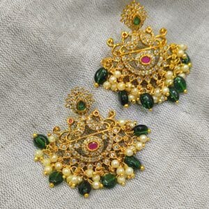 Traditional Gold Plated Ethnic Earrings with Green Beads and Pearls