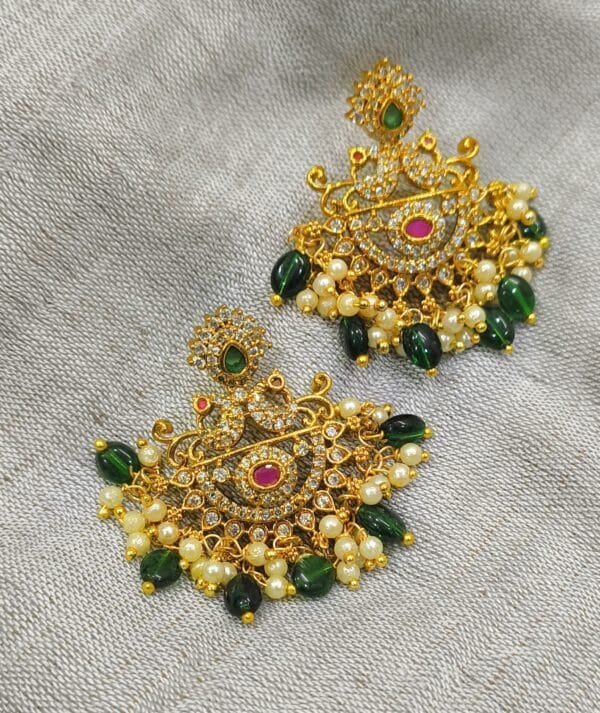 Traditional Gold Plated Ethnic Earrings with Green Beads and Pearls